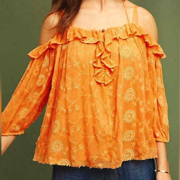 Anthropologie FLOREAT Womens Maryana Orange Open Shoulder Eyelet Blouse Size XS - Picture 1 of 12